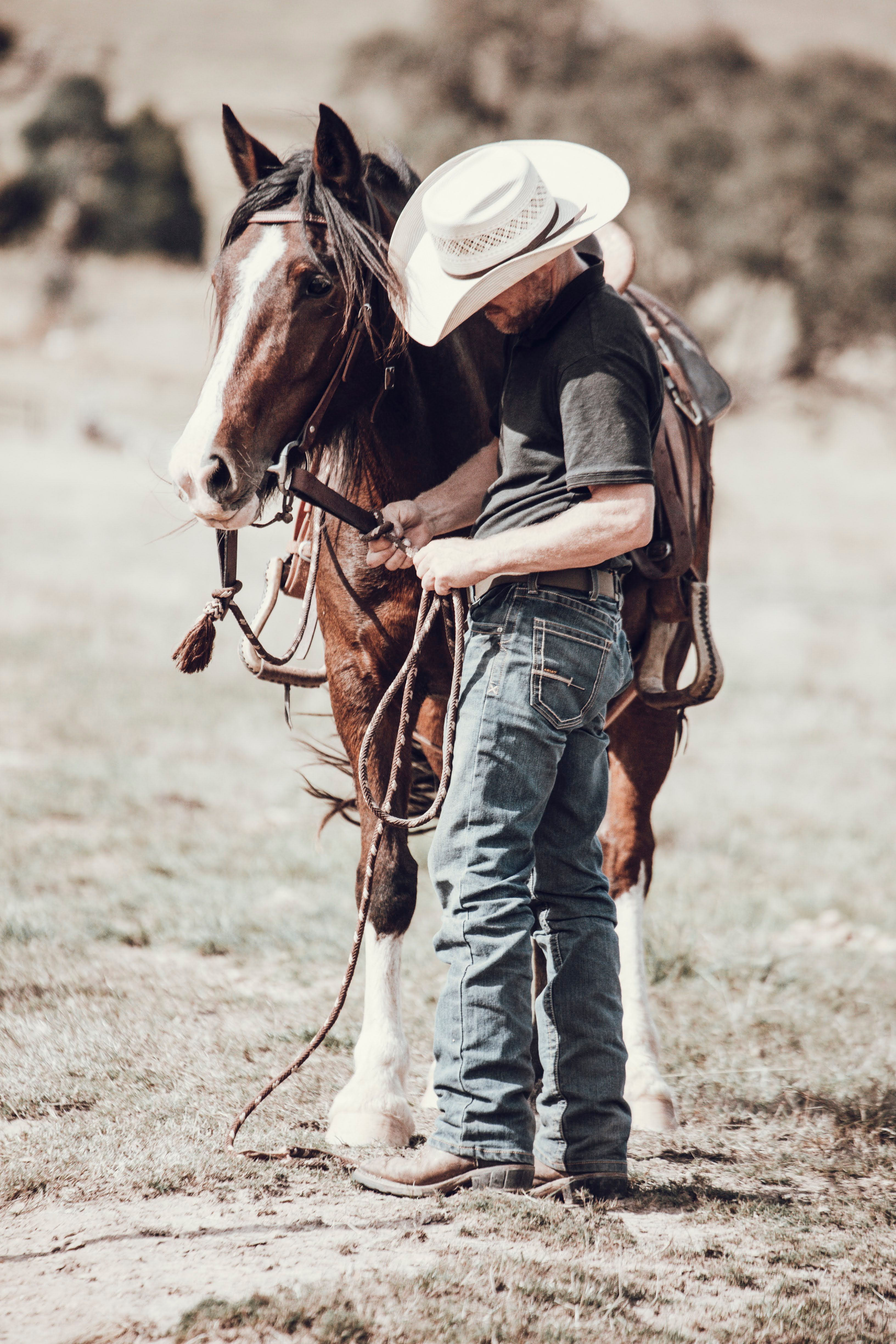 Paddy Purcell standing quietly with one of the Equus Salus horses in a paddock